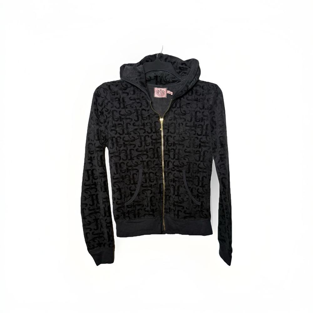 Juicy Couture Y2K Black Monogram Velour Track Zip Jacket Size Med Gold Zipper
